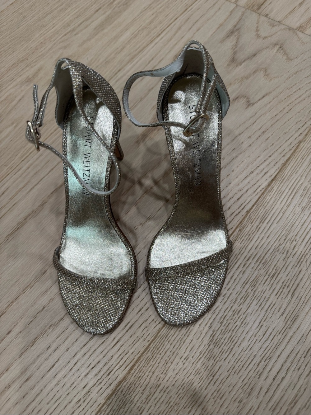 Stuart Weitzman Gold Glitter Ankle-Strap Heels